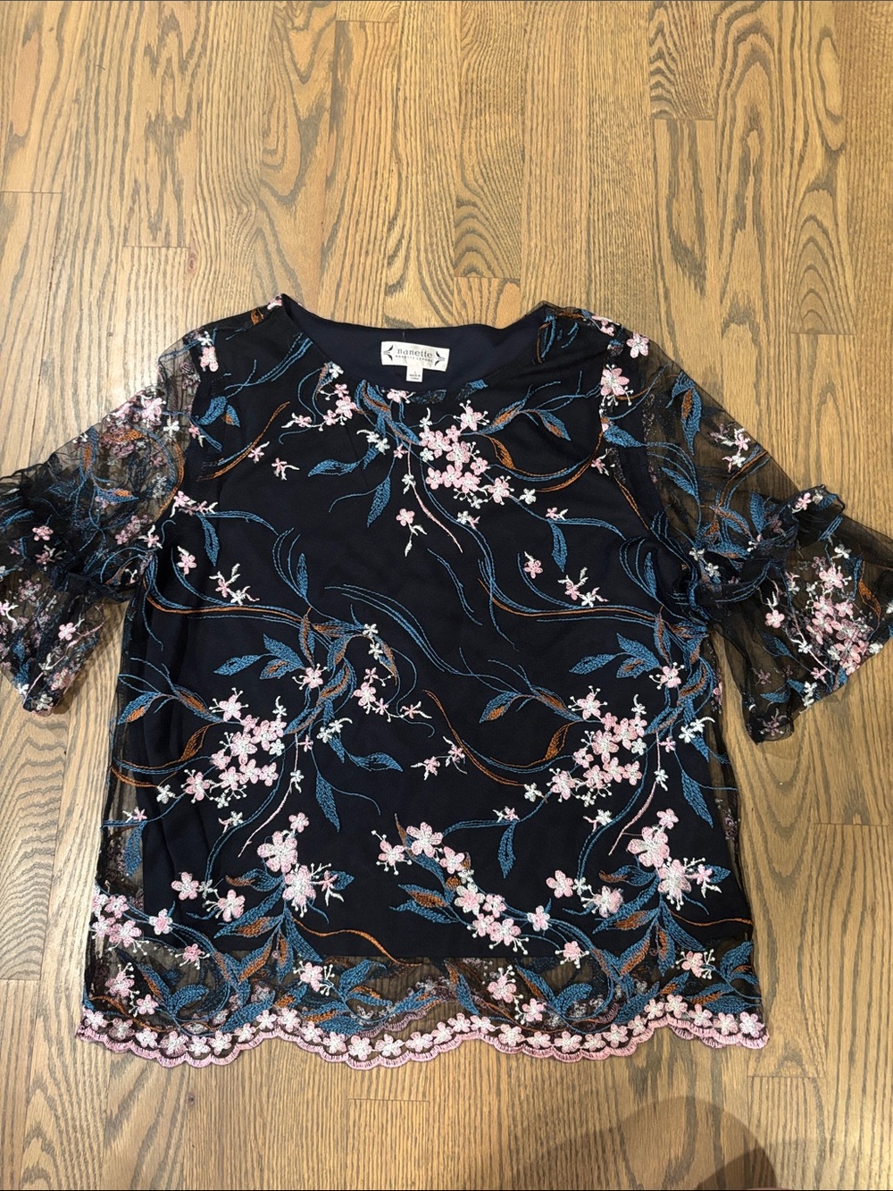 Nanette Lepore Navy Mesh Blouse with Pink Floral Embroidery